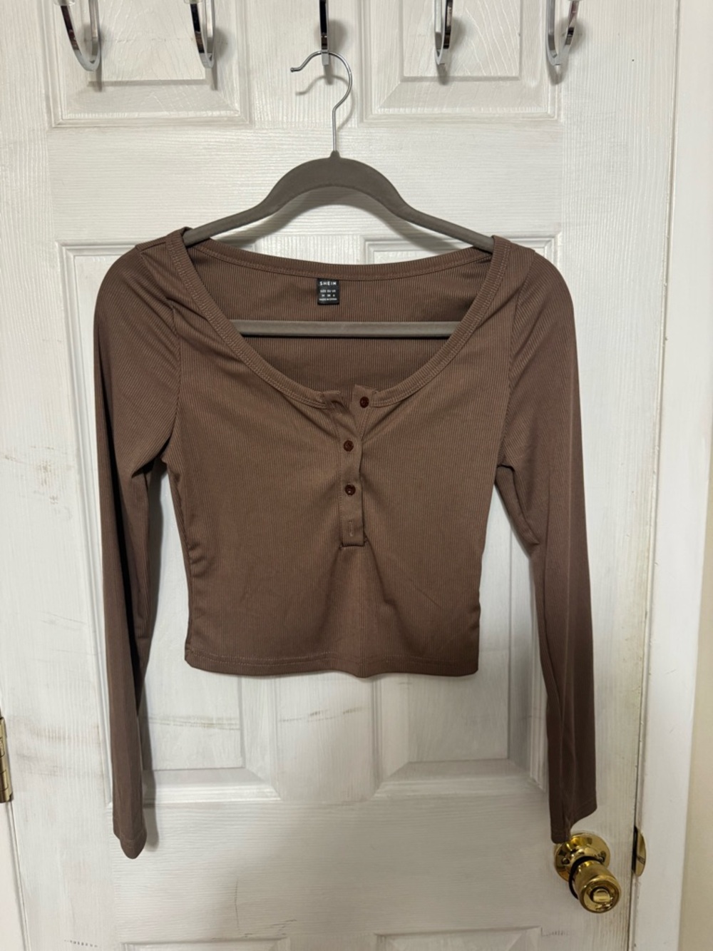 aerie Brown Ribbed Henley Long-Sleeve Crop Top